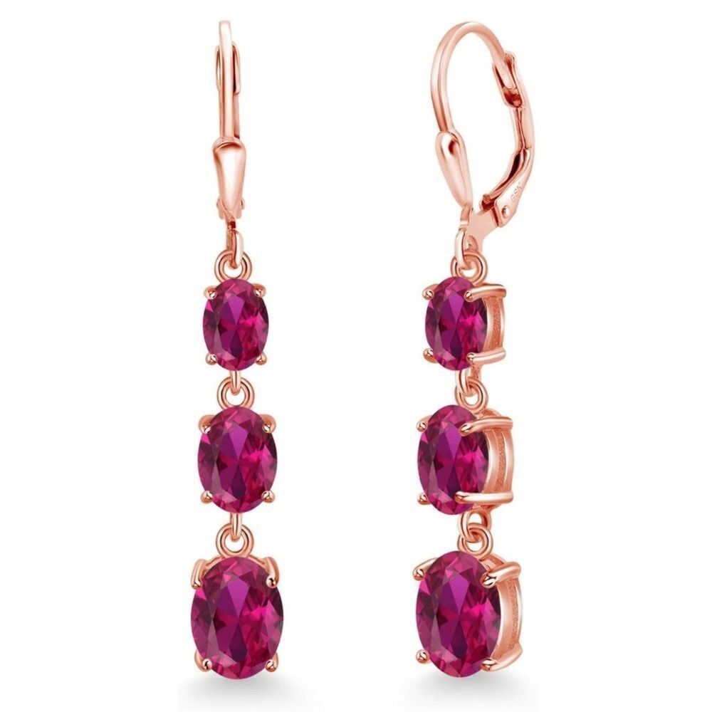 18K Rose Gold with 5.40 Cttw 3 Stone Ruby Dangling Leverback Drop Earrings